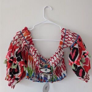 Vibrant Red Embroidered Crop Top